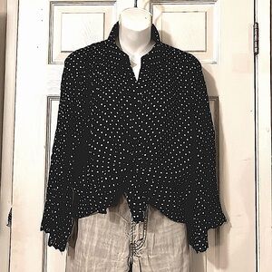 E K Designs Black & White Polka Dot Crinkle Button Down Blouse Shirt Sz XL